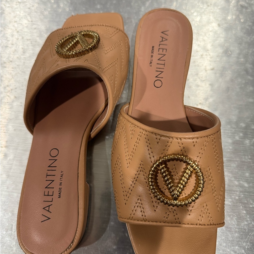 Valentino Tan Leather Slide Sandals
